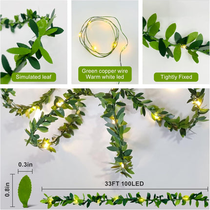 Battery Operated Vine String Lights, 33 Ft 100Led 8 Modes, Warm White Light with Green Vine, Suitable for Indoor and Outdoor, Wedding, Garden, Party, Fence,Room，Christmas, Home Decoration