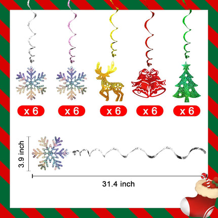 Christmas Decorations Hanging Swirl 30 Packs Xmas Decorations Merry Christmas Elk Sliver Snowflake Green Christmas Tree Golden Jungle Bell Glitter Foil Ceiling Hanging String Garland