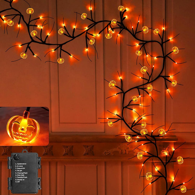 TURNMEON 8 Modes Timer 6 Ft 54 Orange LEDs Halloween Garland with Lights Pumpkins Waterproof Battery Operated Halloween Garland Vine Twig Decor Garland for Wall Bedroom Home Mantel