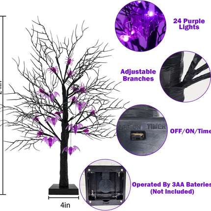 Agusbagli 2 Pack 24 Inch Black Halloween Tree Decor with Timer, Twigs Tree with 24 Purple Lights DIY 12 Spiders & 6 Bats Battery Operated Tabletop Artificial Spooky Tree Halloween Decorations for Home
