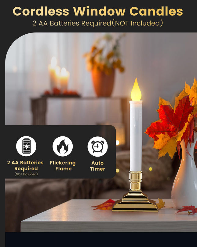 SURAIELEC 4 Pack Battery Operated Window Candles with Timer, Window Candle Lights with Removable Candle Holders, LED Christmas Candles for Christmas Windows, Mantel, Dining Table, Gloss Gold