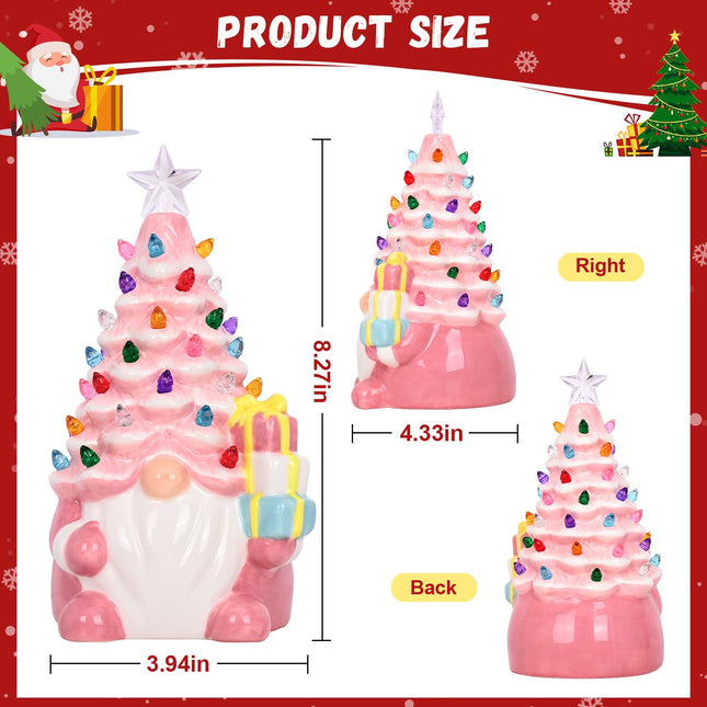 Uspring Ceramic Christmas Tree Christmas Gnomes 8'' Lighted Up Gnome Christmas Tree Table Top Christmas Trees with 46 Lights, Gnome Christmas Decorations for Home Room Fireplace (Pink)