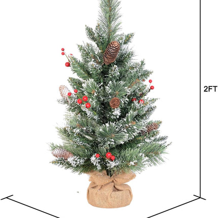 2ft Mini Christmas Tree with a Burlap Base, Unlit Artificial Small Tabletop Christmas Tree, Cashmere Snowy Table Fake Xmas Trees with a Cloth Bag Base, Green, Snow