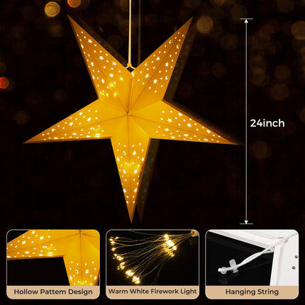 24 Inch Paper Star Lantern with 8 Mode 60 LEDs Firework Fairy Lights, 5 Points Paper Star Lantern Foldable, Hollow Out Star Hanging Decoration for Indoor Outdoor Room Wedding Christmas - 2 Pack