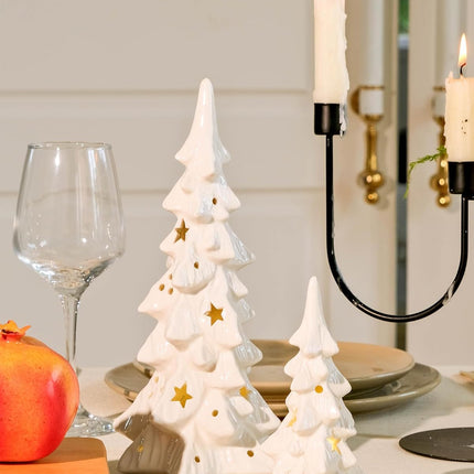 DN DECONATION White Ceramic Christmas Tree That Light Up, 2Pcs Porcelain Christmas Tree with Lights, Stars and Dots Cutouts Prelit Tabletop Xmas Tree Figurines, Modern Christmas Decor,