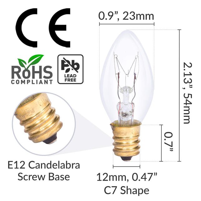 Simba Lighting C7 4W Replacement Bulb (6 Pack) for Night Light, Clear Candle Shape, 120V, E12 Candelabra Base, Dimmable, 2700K Warm White
