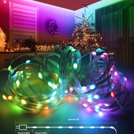 Christmas Lights 65.6ft, Smart String Lights DIY, 200LED RGB+IC Christmas Lights Outdoor, IP65 Waterproof, With APP and Remote Control, For Christmas, Birthday, Party, Wedding, Room Decorations