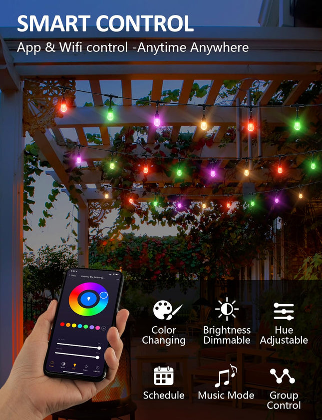 XMCOSY+ Outdoor String Lights, Smart 98Ft RGBW Patio Lights Waterproof, App Control, Work with Alexa, Color Changing LED String Light for Outside Yard