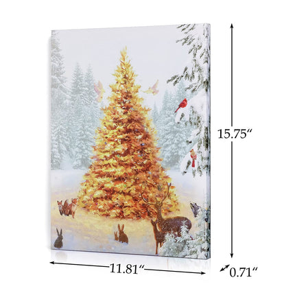 NIKKY HOME 16" x 12" Christmas LED Lighted Canvas Wall Art Prints Light Up Tree Forest Picture White Winter Snow Scene for Holiday Decor