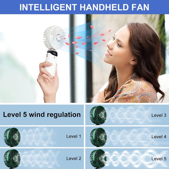 Handheld Fan, Led Power Gear Display Portable Lanyard Fan, 5 Wind Speed Adj Personal Small Desk Fan With Base, Lightweight Makeup