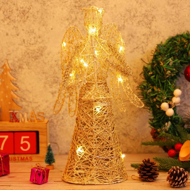 PRETYZOOM Lighted Glittered Christmas Angel Tree Topper Hollow Wire Angel Treetop Xmas Tree Topper for Christmas Ornaments and Holiday Seasonal Decor