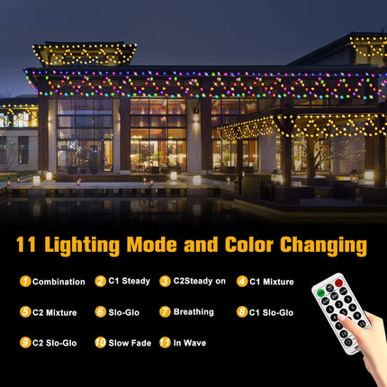 Christmas Lights Outdoor, 34FT 380 LED Christmas String Lights Extendable Waterproof 11 Lighting Modes ColorChanging with Remote Half-Round Christmas Lights for Eaves Yard House Wedding Party