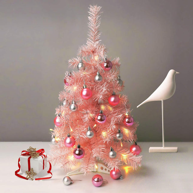 Mini Pink Christmas Tree 24 Inch/2 FT Tabletop Artificial Xmas Tree Small Christmas Tree with LED Lights and Balls Ornaments for Desktop Xmas Decor Home Office Party