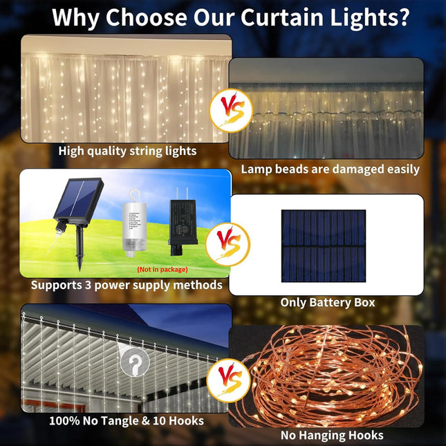 Solar Curtain Lights 1010Ft 300LED Waterproof Waterfall Light with 8 Modes Remote Type C Charging Dimmable Timer Twinkle Fairy String Lights for Outdoor Christmas Gazebo Wedding Party Pergola Patio