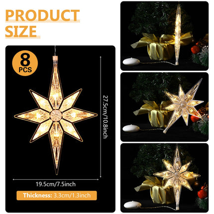 Mudder 8 Pieces 10.8 Inch Christmas Window Star Lights Plastic Lighted Star Tree Topper Decoration Large Hanging Stars Christmas Window Lights LED Star Window Silhouette Decoration (Warm White)
