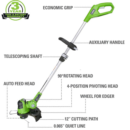 Greenworks 24V 12-Inch Cordless String Trimmer, 2.0 AH Battery Included, ST24B210