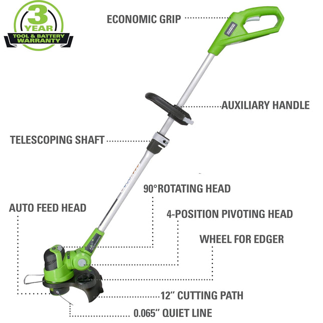 Greenworks 24V 12-Inch Cordless String Trimmer, 2.0 AH Battery Included, ST24B210