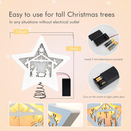 Star Nativity Christmas Tree Topper Lighted, 3D Wooden Star LED Nativity Tree Topper Star of Bethlehem for Christmas Party Decorations Indoor
