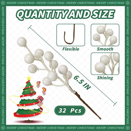 32 Pack Christmas Picks Artificial Christmas Tree Berries 6.5 Inch Holly Berry Stems for Winter Xmas Holiday DIY Ornaments（White）