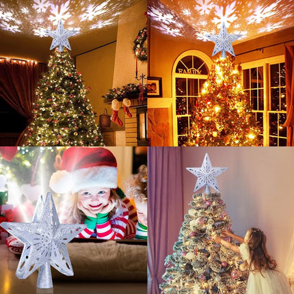 AerWo Christmas Tree Topper Lighted Star Tree Topper with Rotating Snowflake Projector Lights, 3D Glitter Hollow Star Tree Topper for Christmas Tree Decorations