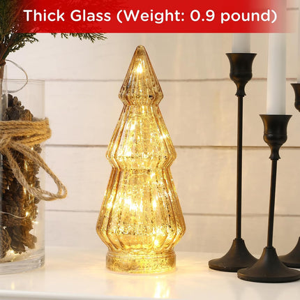 Christmas Decorations-Light Up Gold Mercury Glass Christmas Tree-Tabletop Christmas Tree with LED Light for Home Kitchen Table Mantle Shelf Party Centerpiece