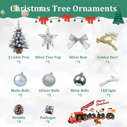 Mini Christmas Tree with Lights, 2ft Mini Christmas Tree with Decorations 24In Artificial Small Christmas Tree Pre-lit Snow Flocked Christmas Tree - for Table Desk Home Christmas Decoration