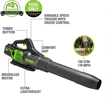 Greenworks Pro 80V (170 MPH / 730 CFM) Brushless Cordless Axial Blower, Tool Only BL80L02 & Greenworks PRO 80V Rapid Charger (Genuine Greenworks Charger)