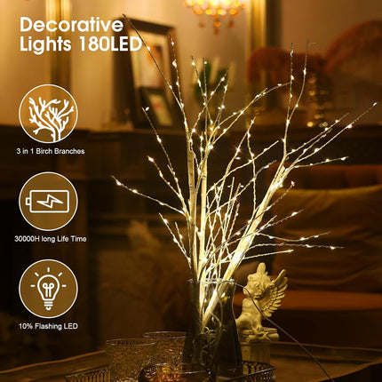 Lighted Birch Branches Pack of 3, 34IN 180 LED White Lighted Twig and Branches for Vases with Timer, Tree Branches for Decoration, Plug in, Vase Excluded