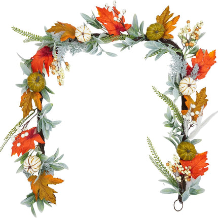 Adeeing 6 Ft Fall Garland, Autumn Pumpkin Garland with Maple Leaves Berries for Indoor Outdoor Thanksgiving Table Mantle Fireplace Home Decorations