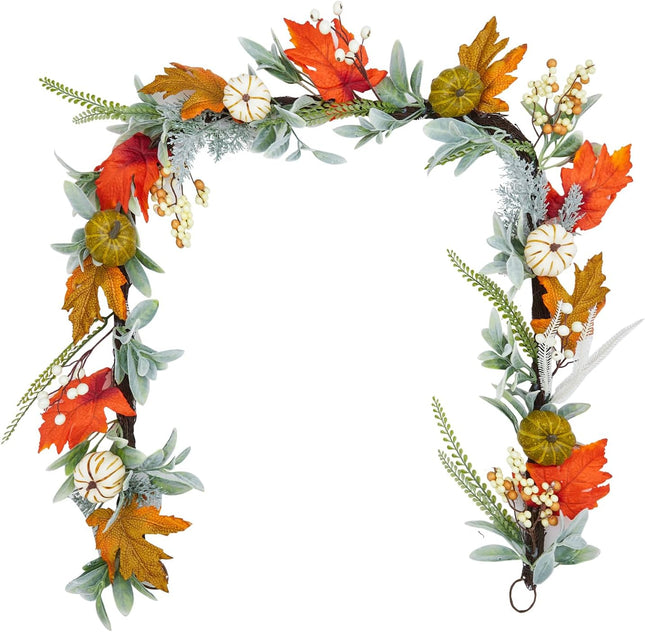 Adeeing 6 Ft Fall Garland, Autumn Pumpkin Garland with Maple Leaves Berries for Indoor Outdoor Thanksgiving Table Mantle Fireplace Home Decorations