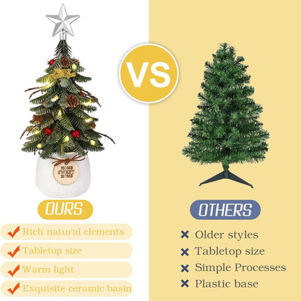 Tabletop Christmas Tree, Small Artificial Christmas Mini Tree Christmas Decorations Indoor with Holiday Ornaments Red Berry Pine Cone Greenery for Home Office Table Xmas Christmas Decor (White)
