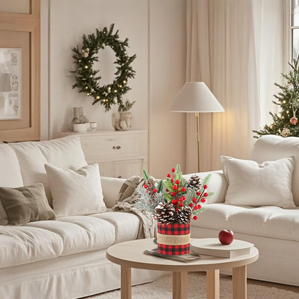 Small Tabletop Christmas Tree, Artificial Mini Christmas Tree Decorations with Pine Cones Red Berries and Green Plants, Suitable for Christmas Decorations Indoor Tables in Households