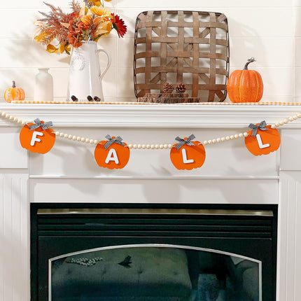 Fall Decor-Wooden Pumpkin Garland Fall Decorations for Home-Thanksgiving Farmhouse Pumpkins Wood Bead Garland Banner for Fireplace Mantel Walls