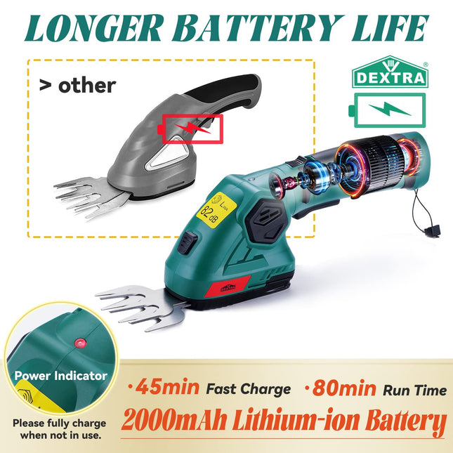 Dextra 8V Hedge Trimmer Cordless, 2 in 1 Handheld Electric Bush Shrub Trimmer with Battery and Charger, 45Min Fast Charger Grass Shears Cordless Mini Hedge Trimmer with Gloves for Yard,Garden