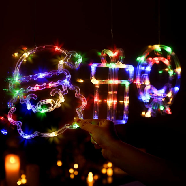 LOLStar Christmas Decorations, 3 Pack Multicoloured Wreath, Box, Santa Claus Christmas Window Lights, 8 Flashing Modes USB Powered Curtain Lights for Year, Indoor, , Party Supplies