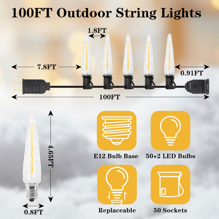 100FT Christmas Icicle Outdoor String Lights, Waterproof Xmas Lights for Outside, Shatterproof Patio Light with 52 Bulbs, Dimmable LED Lights String, Linkable Hanging Lights for Christmas Party Yard