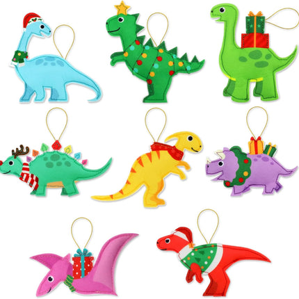 Christmas Dinosaur Felt Ornaments for Kids (8 Designs), Dino Christmas Tree Hanging Ornaments for Winter Holiday Xmas Hanging Decorations Party Favors, Cute T-Rex Triceratops Diplodocus (Set of 8)