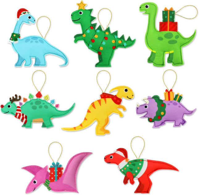Christmas Dinosaur Felt Ornaments for Kids (8 Designs), Dino Christmas Tree Hanging Ornaments for Winter Holiday Xmas Hanging Decorations Party Favors, Cute T-Rex Triceratops Diplodocus (Set of 8)