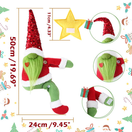 Christmas Tree Toppers Green Gnome Christmas Decorations with Star Unique Funny Christmas Tree Topper Plush Stuffed Gnome Ornaments Xmas Tree Decor for Wine Bottle Curtain