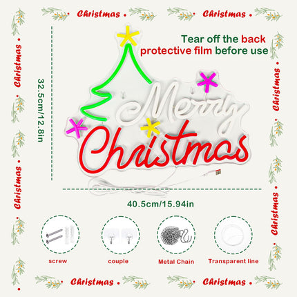 Merry Christmas Neon Sign Dimmable Christmas Tree Neon Signs Vibrant LED Christmas Neon Light up Sign for Wall Decor Window Man Cave Bedroom Wedding Bar Party Year, USB Powered
