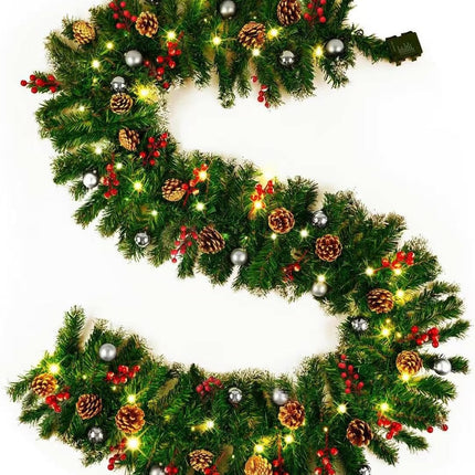 9FT Christmas Garland with Lights, Pre-Lit Christmas Garland Decorated with Red Berries Silver Balls and Pinecones, Battery Operated Christmas Decorations for Mantle Fireplace Indoor Outdoor Home