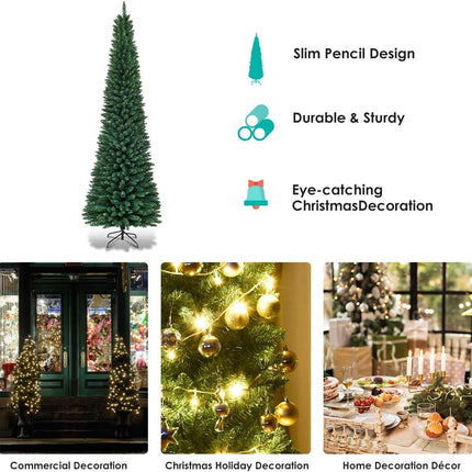 Artificial Pencil Christmas Tree, Premium Hinged Pine Tree with Solid Metal Legs, Perfect for Home, Shops and Holiday Decoration, Green (9FT)