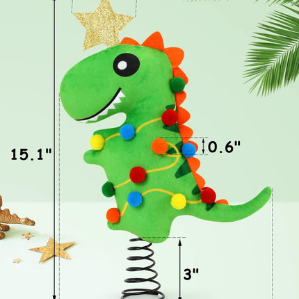 Dinosaur Christmas Tree Topper with Stand and Glitter Star Handmade T-rex Green Dinosaur Xmas Tree Ornament Winter Holidays Home Decorations Wreath Festive Kids Ideas Supplies