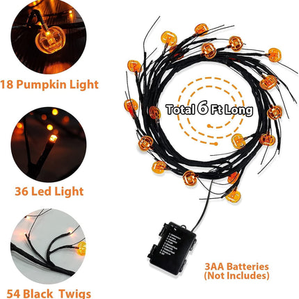 TURNMEON 8 Modes Timer 6 Ft 54 Orange LEDs Halloween Garland with Lights Pumpkins Waterproof Battery Operated Halloween Garland Vine Twig Decor Garland for Wall Bedroom Home Mantel