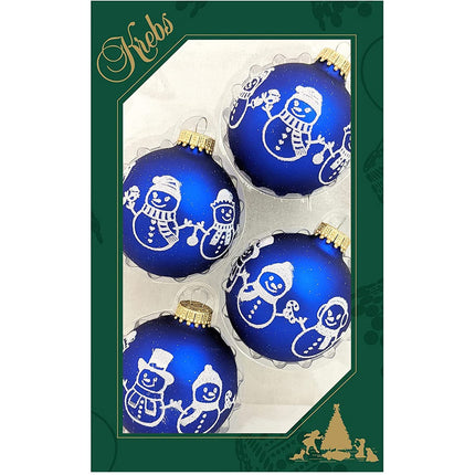 Glass Christmas Tree Ornaments - 67mm/2.625" [4 Pieces] Decorated Balls from Christmas by Krebs Seamless Hanging Holiday Decor (Royal Velvet Blue with Snowman)