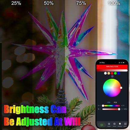 Christmas Star Tree Topper, 10.6" Smart Star Tree Top of Crystal-Like 3D Polygonal Shell, Light Tree top w/Remote Control/App, Music Sync RGB Color Changing Control LED Christmas Light, 18 Lights