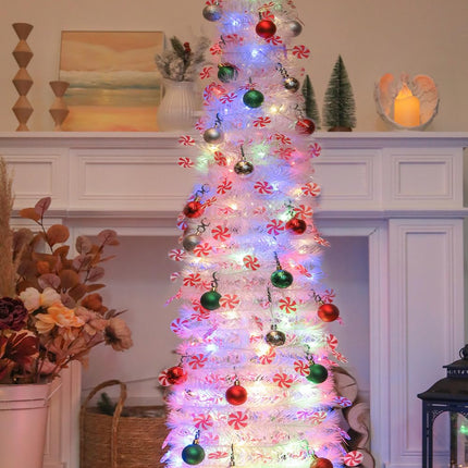 HMASYO 5 FT Pop Up Candy Cane Christmas Tree with Timer Lights and Decorations, Tinsel Christmas Tree with Candy and 24 Balls Ornament, Collapsible Pencil Tree Xmas Decoration for Home, Office, Party