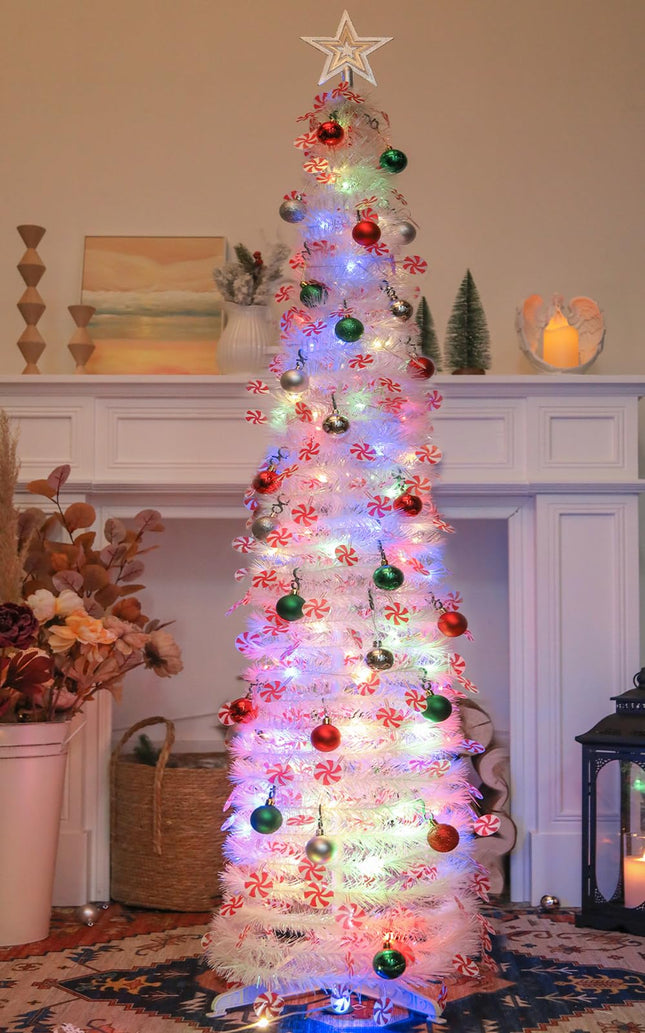 HMASYO 5 FT Pop Up Candy Cane Christmas Tree with Timer Lights and Decorations, Tinsel Christmas Tree with Candy and 24 Balls Ornament, Collapsible Pencil Tree Xmas Decoration for Home, Office, Party