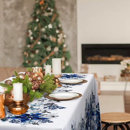 Peryiter Blue and White Christmas Tablecloth Blue Poinsettia Christmas Tablecloth Decorations Winter Reusable Xmas Plaid Bordered Fabric Table Cloth for Christmas Party(60 x 102 Inch)