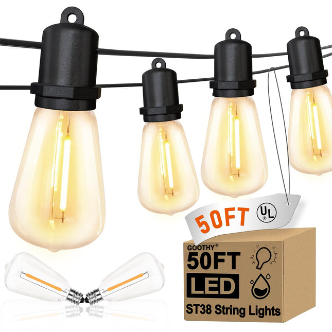 GOOTHY LED Outdoor String Lights 50Ft Outdoor Patio Lights with 27 Shatterproof ST38 Vintage Edison Bulbs, Commercial Grade Outdoor Decorations Lights Weatherproof for Backyard Porch Garden Wedding